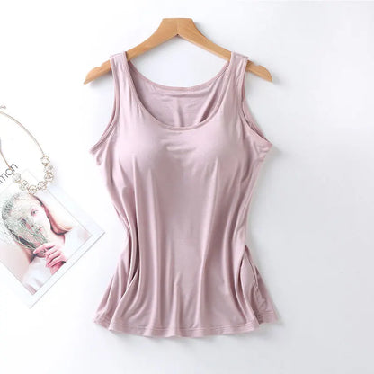 Women’s Built-In Bra Tank Top - Solid Color Padded Slim Fit Vest Shirt for Casual, Sexy & Everyday Wear