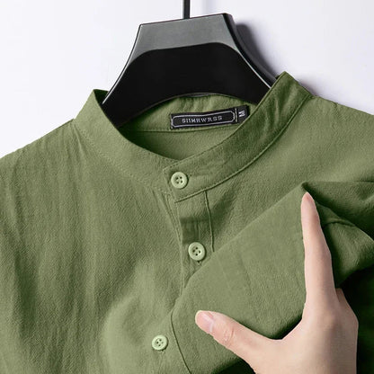 Men’s Linen Cotton Shirt - Lightweight Long Sleeve Henley Beachwear Hawaiian Style Breathable Top