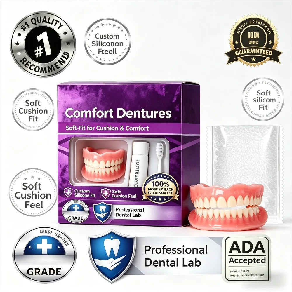 Full Upper & Lower Silicone Dentures Set - Comfort Fit Instant Smile Replacement Teeth