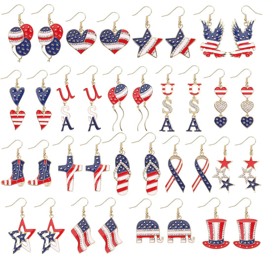 USA Flag Heart Star Cross Earrings - Patriotic Independence Day Dangle Jewelry for Women