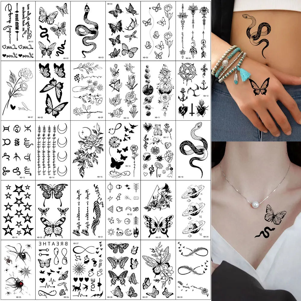 30pcs Black Temporary Tattoo Stickers - Flower Butterfly Rose Moon Star Mandala Designs for Hand, Chest & Body Art