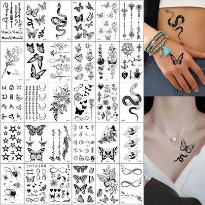 30pcs Black Temporary Tattoo Stickers - Flower Butterfly Rose Moon Star Mandala Designs for Hand, Chest & Body Art
