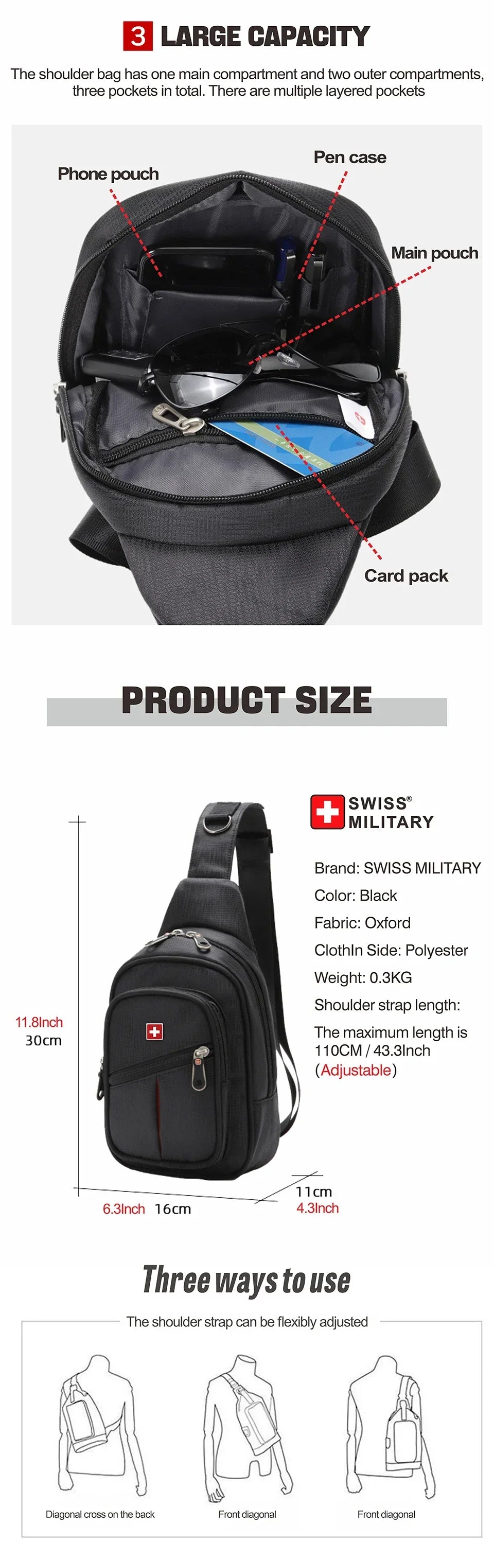 SWISS Men’s Chest Bag – Outdoor Waterproof Shoulder Crossbody Bag, Large Space, Practical & Durable Sling Bag for Men
