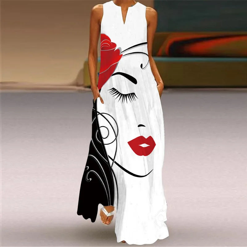 Vintage Boho Maxi Dress - Women's Summer V Neck Sleeveless Long Sundress with Pockets