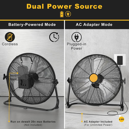 Cordless Floor Fan - 12/16-Inch Portable Fan Compatible with DeWalt 20V Max Batteries