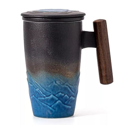 Vintage Luxury Ceramic Bubble Tea Cup with Wooden Handle - Large Thermal Coffee Mug and Personalized Tableware Gift