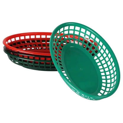 Fries Burger Serving Baskets - Colorful Oval Plastic Food Trays for Fast Food, Hot Dogs, Snacks & Reusable Restaurant Service