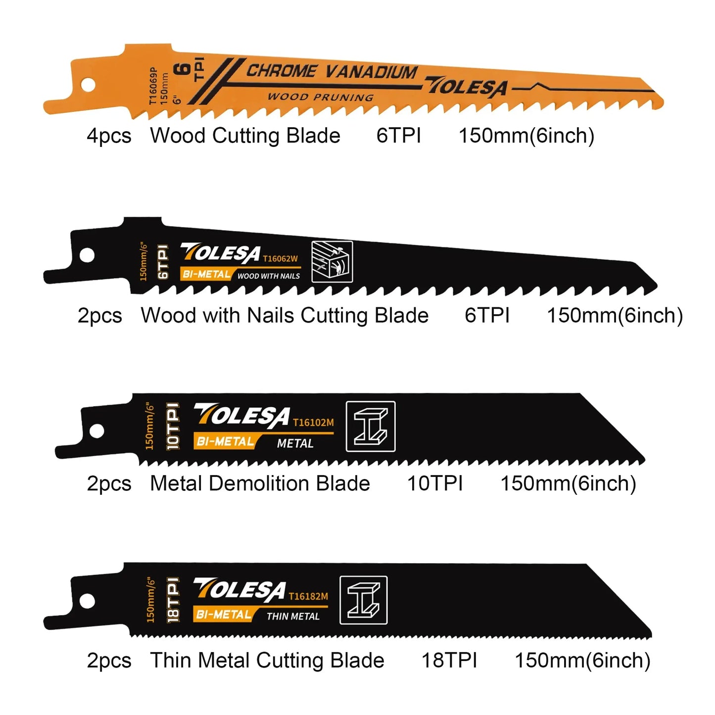 TOLESA 10PCS Reciprocating Saw Blades - Wood Pruning PVC Metal Cutting Sawzall Blades for Demolition Work