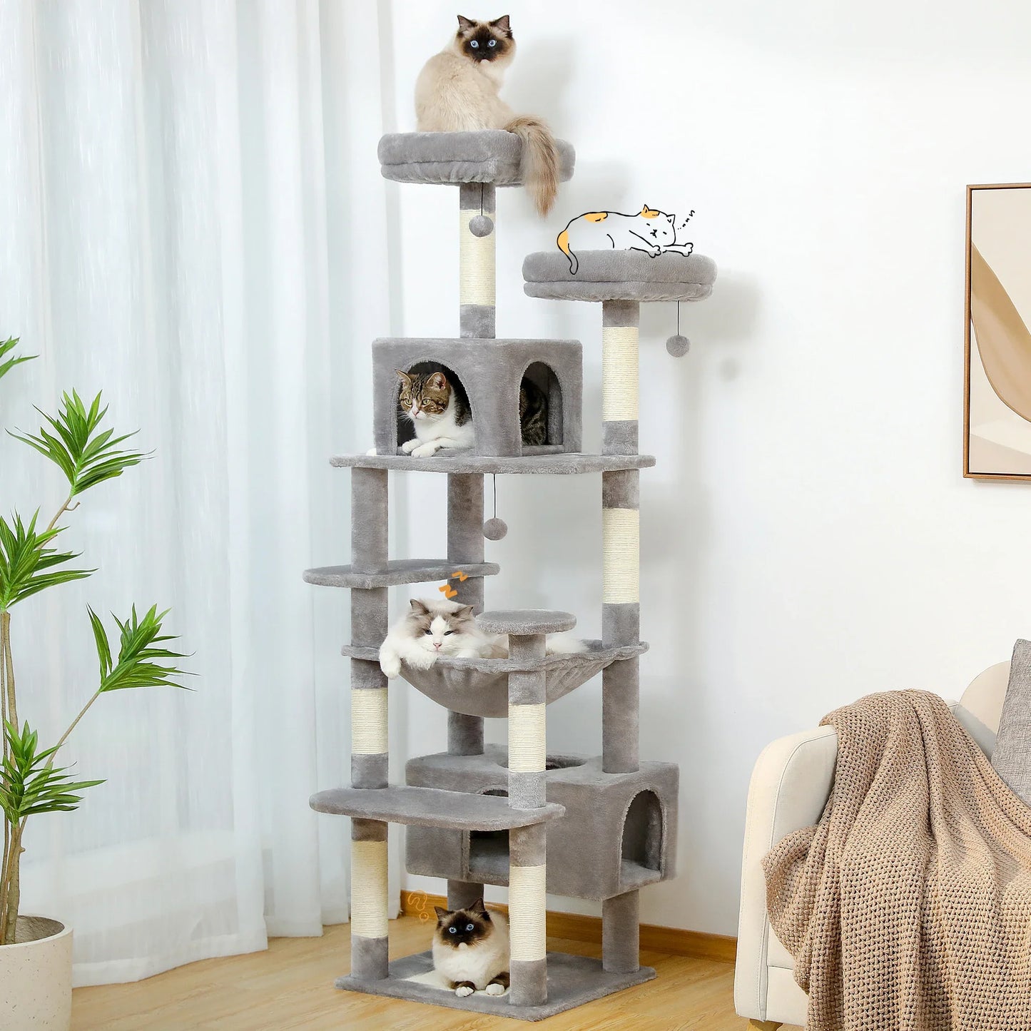 Large Indoor Cat Tree Tower with Sisal Scratching Posts, Hammock, Padded Perches & Condos – Cat Toys and Activity Center