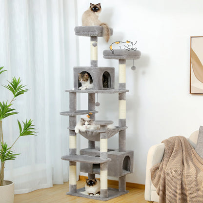 Large Indoor Cat Tree Tower with Sisal Scratching Posts, Hammock, Padded Perches & Condos – Cat Toys and Activity Center