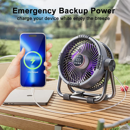 Camping Fan 20000mAh – Rechargeable Portable Outdoor Tent Fan with Air Circulator, Wireless Ceiling Fan, Hook, and Light