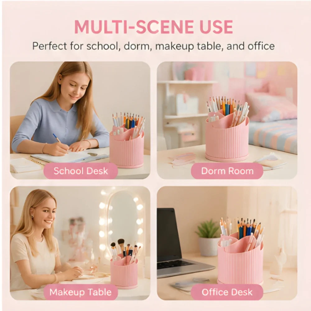 360° Rotating Pen Holder Organizer - 5 Compartment Candy Color Desk Storage Box for Kids, School & Office
