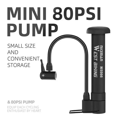 WEST BIKING MTB Bicycle Pump - 80 PSI Manual Air Pump for Balloon Tire Inflation - Schrader Valve Floor Pump Cycling Accessory