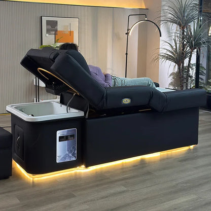 Modern Beauty Salon Shampoo Bed with Back Lift, Massage Headrest & Foot Spa Pedicure Station