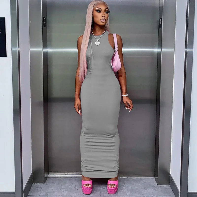 Hugcitar Ribbed Bodycon Maxi Dress - Y2K Sleeveless Sexy Club Party Streetwear Outfit for Women