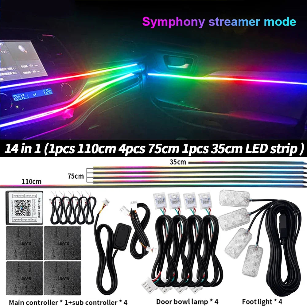 6/10/14/18 in 1 RGB LED Car Ambient Light - APP Controlled Acrylic Interior Atmosphere Strip with 64/213 Color Symphony Lighting