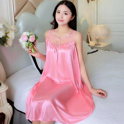Midnite Star Women’s Ice Silk Sleepwear Set – V-Neck Lace Nightdress Pyjamas, Homewear Nightgown, Plus Size