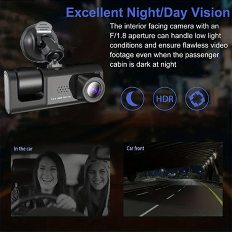 1080P 3-Channel Dash Cam - IR Night Vision, Loop Recording & 2-Inch IPS Screen DVR