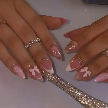 24PCS Pink Almond Press On Nails - Butterfly Ballet French Design Artificial Nail Tips for Stylish Nail Art