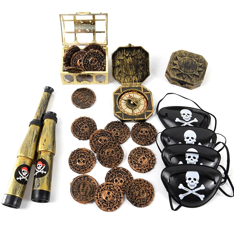 Pirate Party Favor Set - Kids Skull Hat Eye Patch Coins Ship Balloons Halloween Costume Decorations