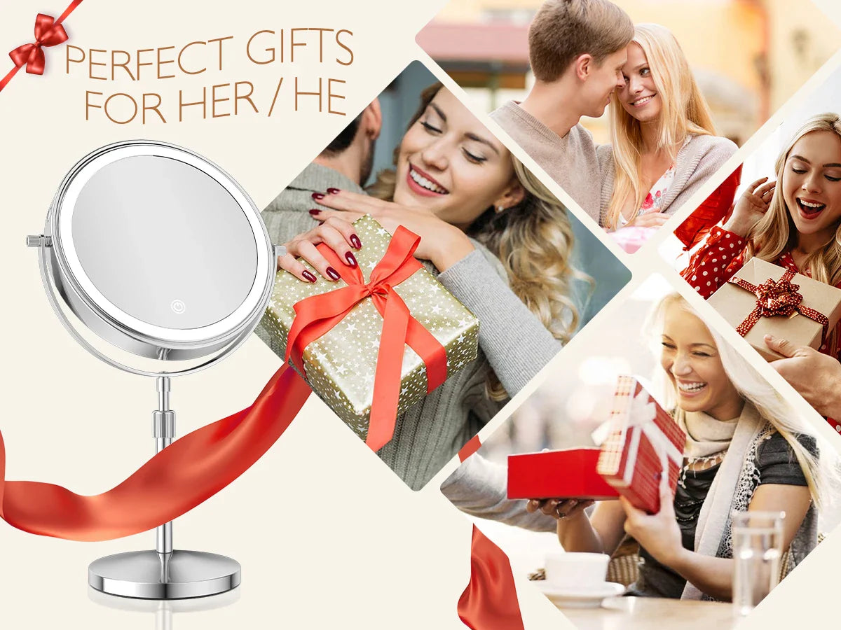 8-Inch Makeup Mirror with Light – 10X Magnification, 3 Color LED, Adjustable Brightness & Height Standing Cosmetic Mirror