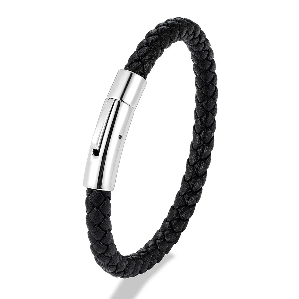 MKENDN Red Braided Leather Bracelet - 6mm Stainless Steel Button Unisex Couple Jewelry Gift Classic Simple Design