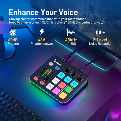 MAONO G1 NEO Gaming Audio Mixer - RGB Streaming Sound Effects Controller with XLR Microphone Interface