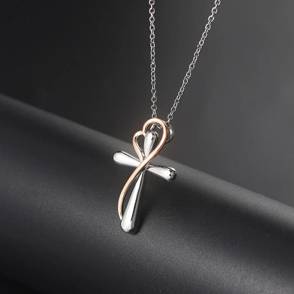 Heart Cross Pendant Necklace for Women – Double Color Aesthetic Choker Chain with Cross Design, Stainless Steel Christmas Gift Jewelry N231