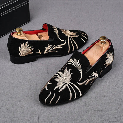 Men's Suede Leather Loafers - Luxury Embroidered Moccasins for Party & Wedding