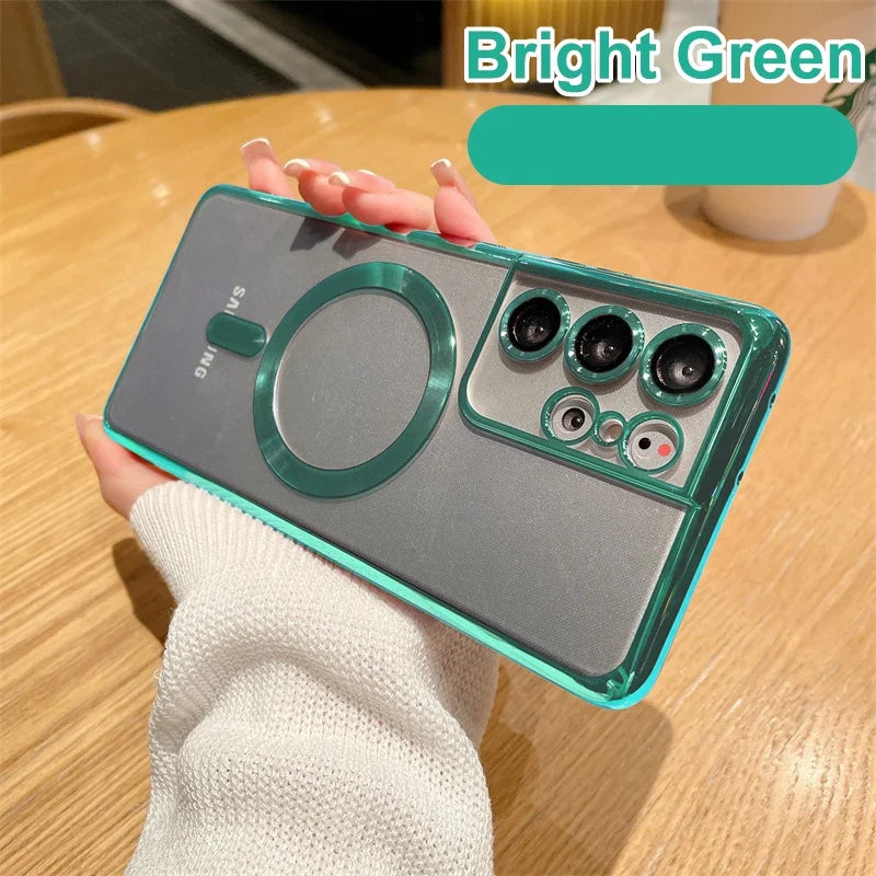 MagSafe Magnetic Plated Phone Case - 4K Glass Full Camera Protection Cover for Samsung Galaxy S24 Ultra S23 FE S22 Plus S21 Series