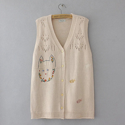Plus Size Women's Embroidered Hollow Knit Sweater Vest – V-Neck Cardigan, Casual Autumn Fashion, E2 3023