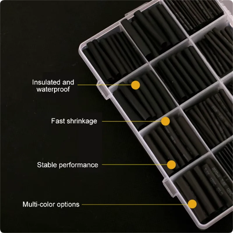 625PCS Thermoresistant Black Heat Shrink Tubing Set - 2:1 Polyolefin Sleeving for Wire & Cable Protection
