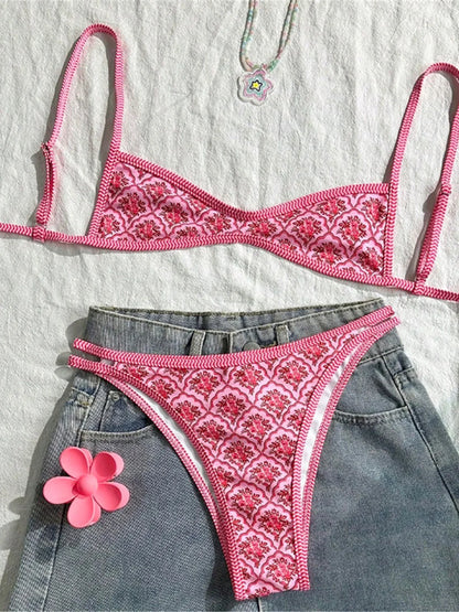 Floral Print High Leg Bikini Set - Women's Two Piece Swimsuit High Cut Beach Swimwear