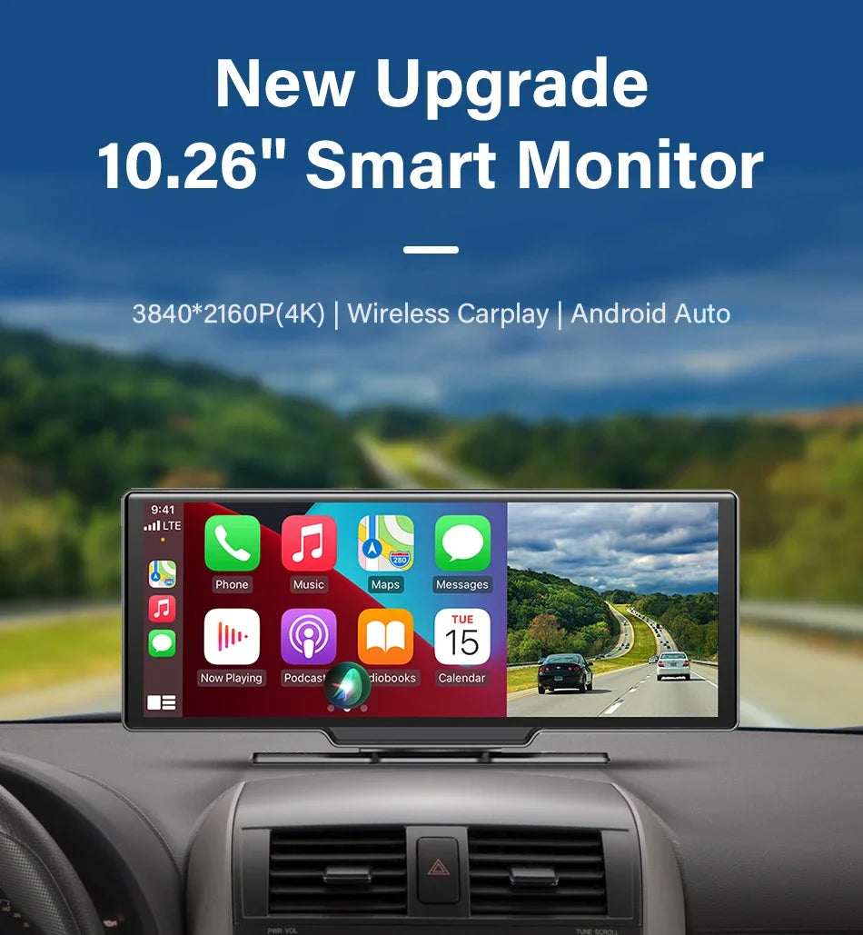 10.26" 4K Dash Cam Car Mirror — Wireless CarPlay Android Auto GPS Multimedia Rearview Camera Dashboard Monitor