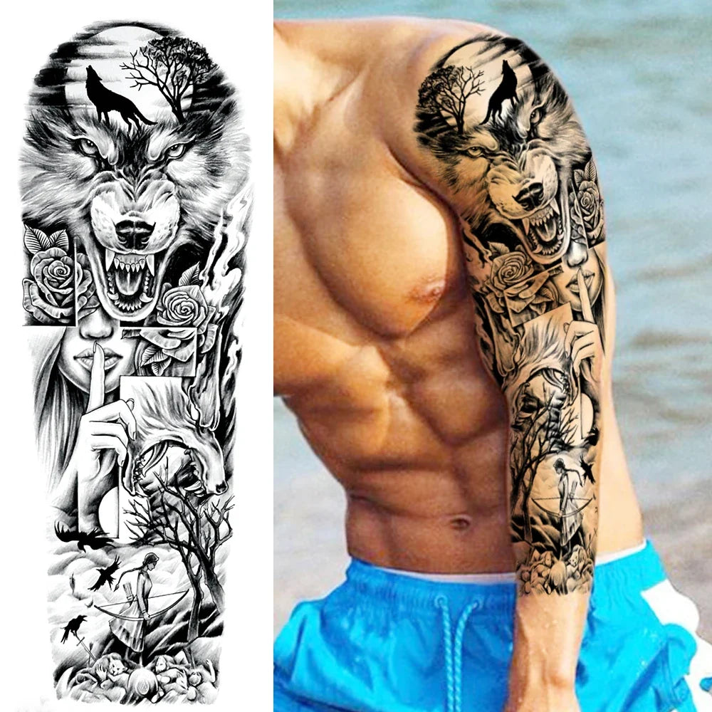 Full Arm Temporary Tattoo Sleeve - Realistic Warrior Lion Tiger Flower & Maori Design Fake Tattoos