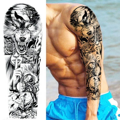 Full Arm Temporary Tattoo Sleeve - Realistic Warrior Lion Tiger Flower & Maori Design Fake Tattoos