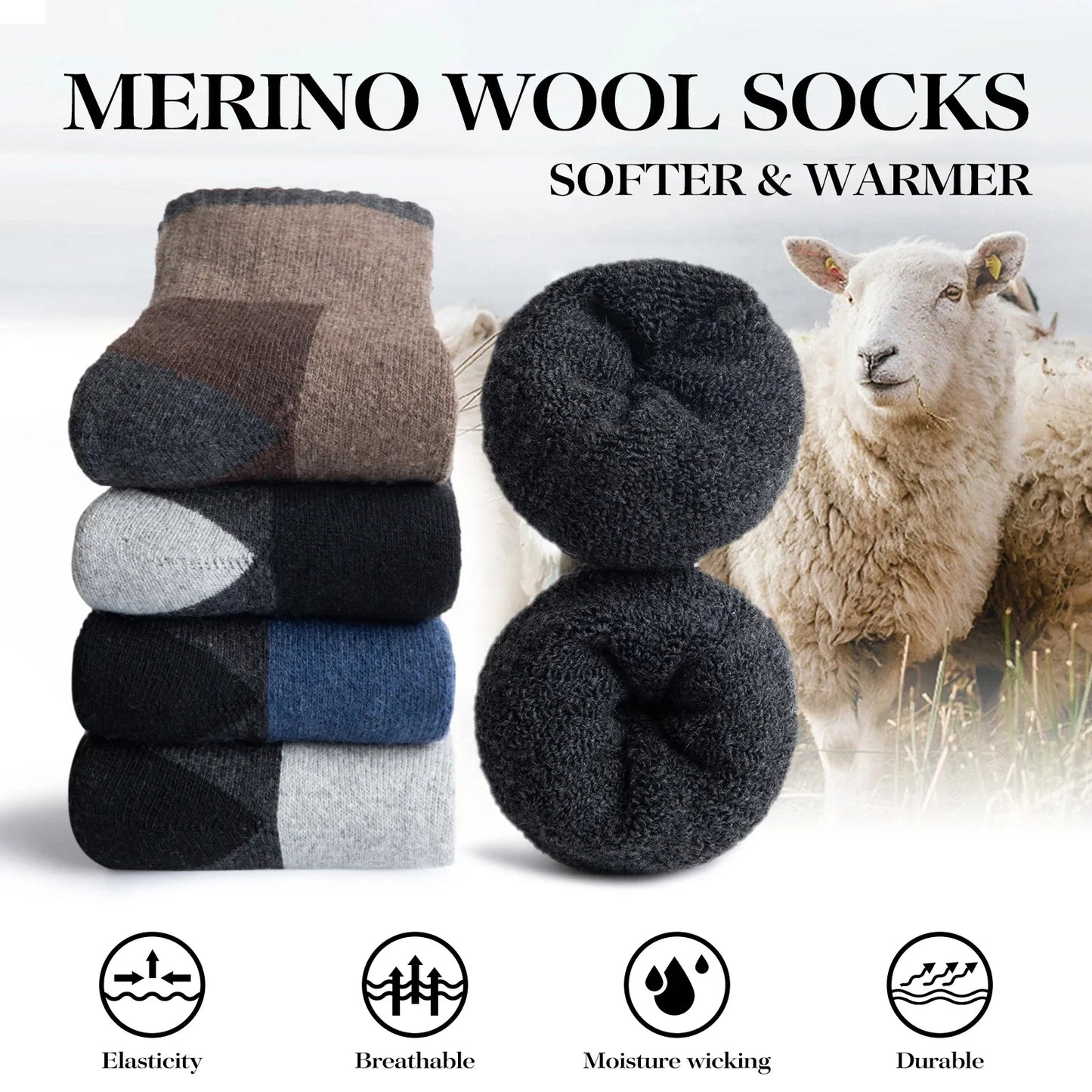 5 Pairs Merino Wool Hiking Socks for Men | Soft, Warm, Moisture-Wicking Winter Crew Socks for Indoor & Outdoor Wear