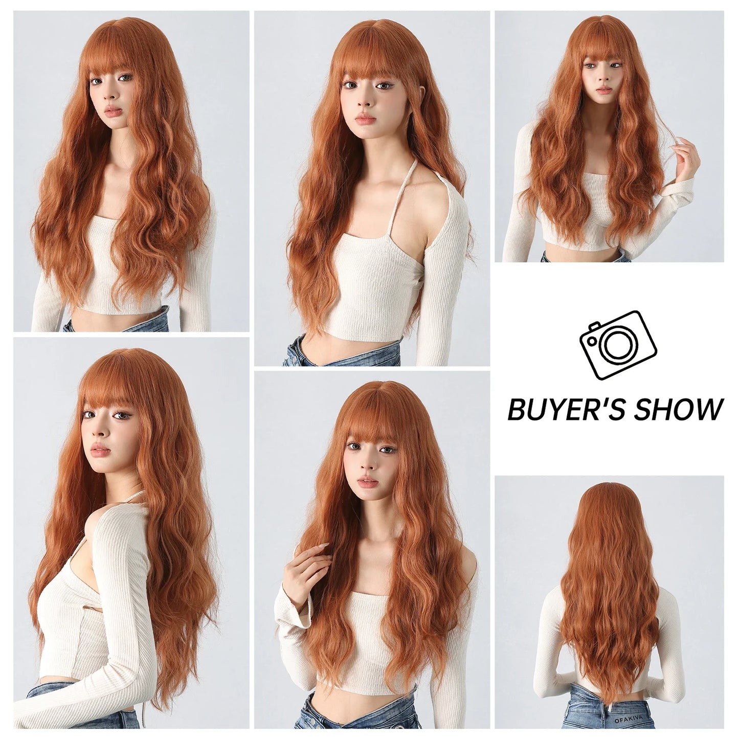 Copper Ginger Red Brown Synthetic Wig – Long Fluffy Wavy Wig with Bangs, Heat-Resistant Cosplay & Daily Wear Hair for Women