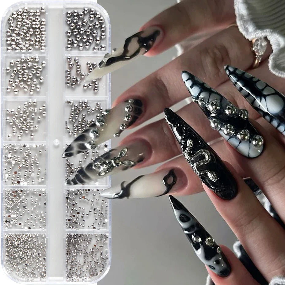 12-Grid Gothic Nail Charms - Silver Punk Metal Studs Rivets Y2K Grunge DIY Nail Art Decorations