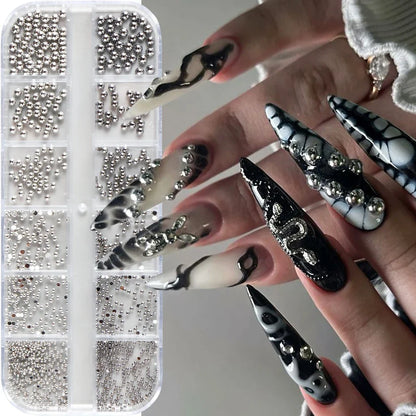 12-Grid Gothic Nail Charms - Silver Punk Metal Studs Rivets Y2K Grunge DIY Nail Art Decorations