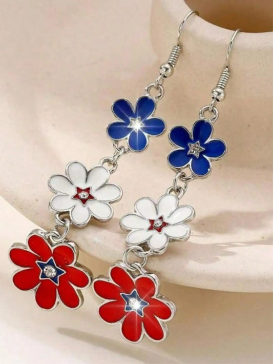 Red White Blue Floral Dangle Earrings - 4th of July Patriotic Holiday Jewelry Accessory for Women