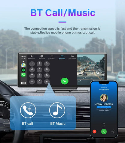 10.26'' 4K Dash Cam Car Mirror Video Player - Wireless CarPlay, Android Auto, GPS, and Rearview Camera Monitor