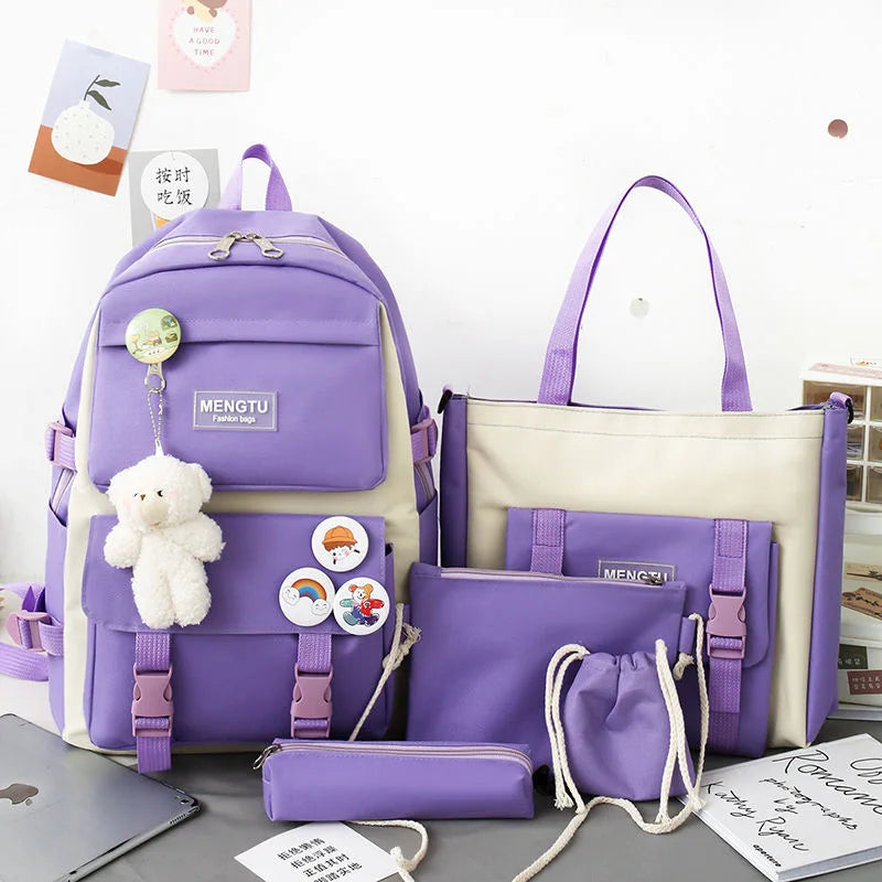 5PCS Backpack Set for Girls – Fashionable High-Capacity Waterproof School, Laptop & Travel Bags