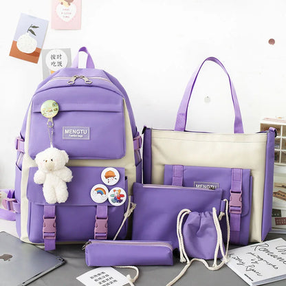 5PCS Backpack Set for Girls – Fashionable High-Capacity Waterproof School, Laptop & Travel Bags