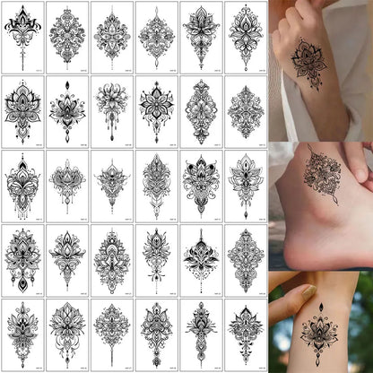 30pcs Black Temporary Tattoo Stickers - Flower Butterfly Rose Moon Star Mandala Designs for Hand, Chest & Body Art