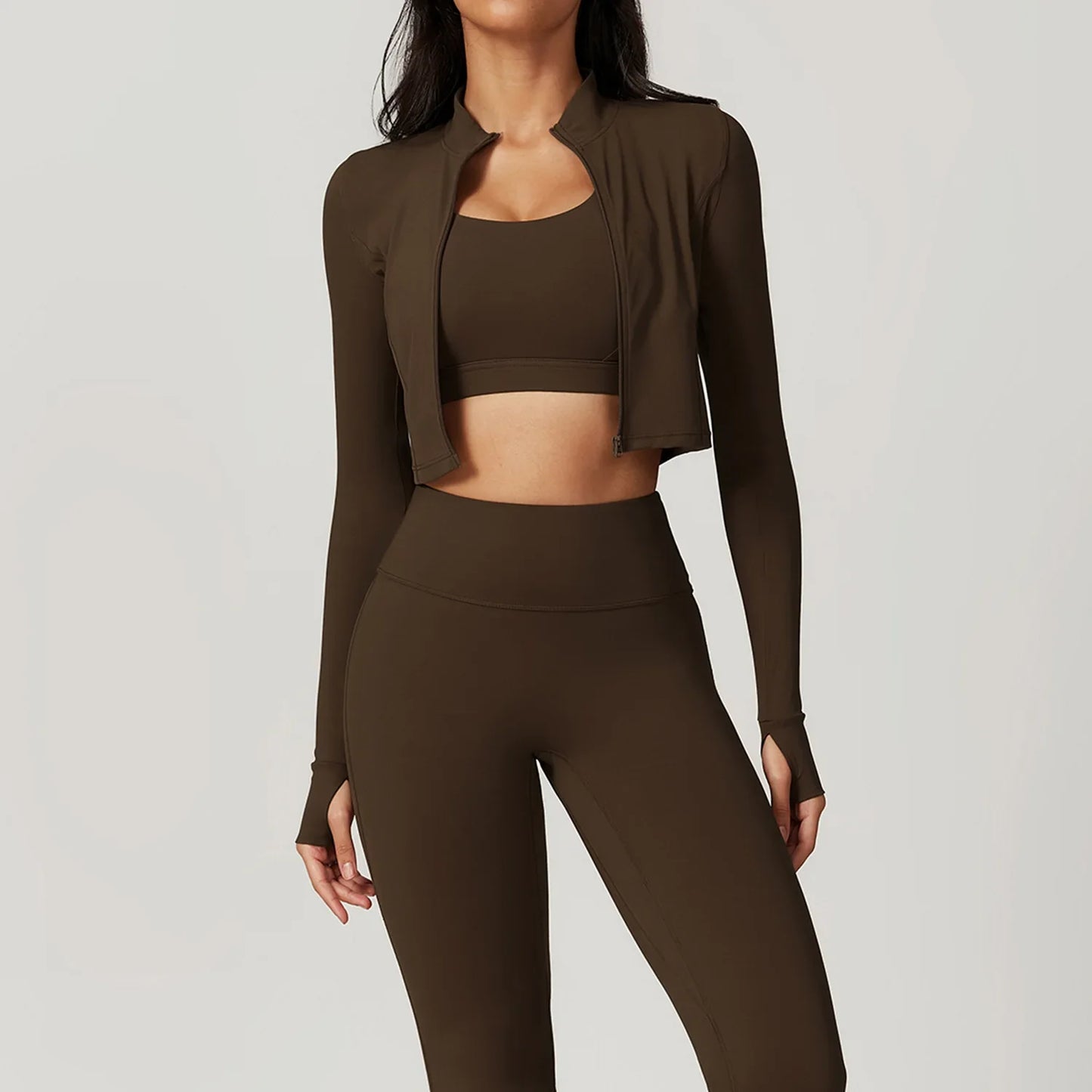 3PCS Women’s Yoga & Workout Set – Long Sleeve Zipper Top with High Waist Leggings Fitness Sportswear