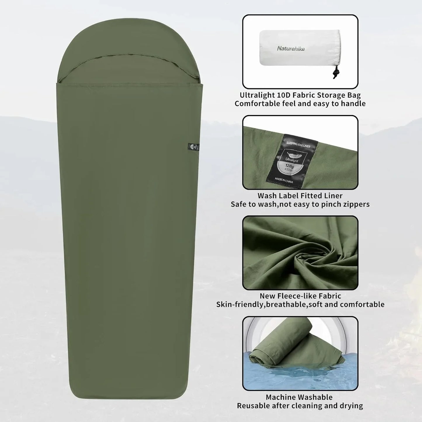 Naturehike Sleeping Bag Liner - 128g Ultralight Travel & Hiking Inner Blanket for Single Sleeping Bags