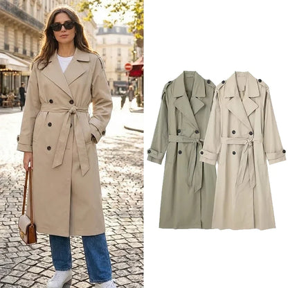 Willshela Women’s Double Breasted Trench Coat - Fashion Belted Vintage Lapel Long Sleeve Chic Outerwear Outfit