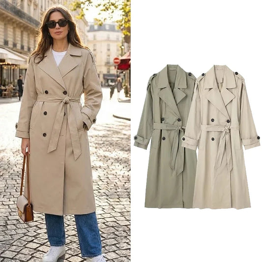 Willshela Women’s Double Breasted Trench Coat - Fashion Belted Vintage Lapel Long Sleeve Chic Outerwear Outfit