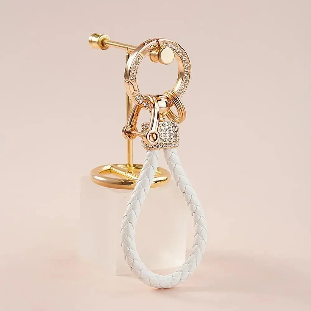 Handcrafted Braided Rope Keychain – Sparkling Rhinestone Car Key Ring, Stylish Monochrome Fashion Accessory